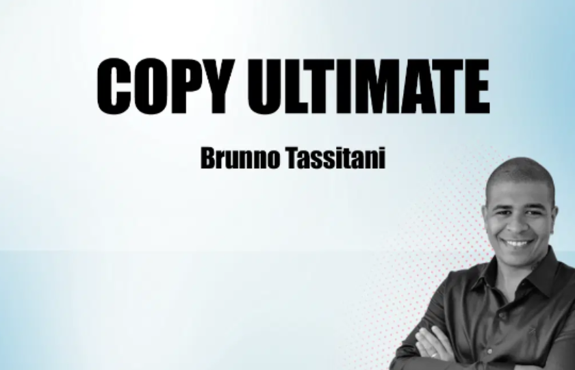 Brunno Tassitani em destaque com o material do curso Copy Ultimate, representando a maestria em copywriting e vendas online.