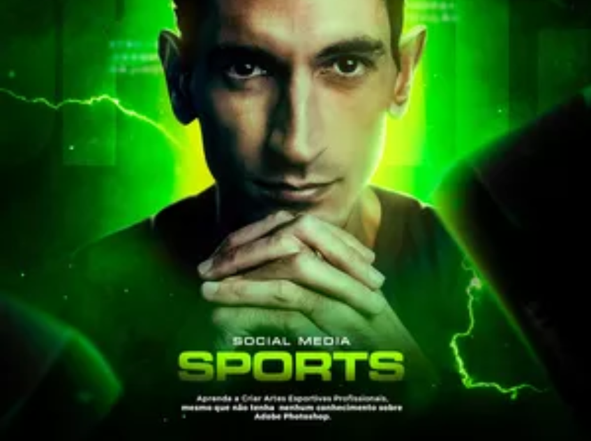 Capa do curso Social Media Sports com ferramentas de design gráfico e elementos esportivos