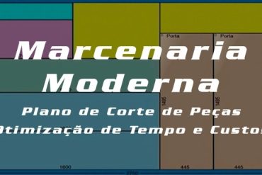 Plano de corte otimizado para marcenaria moderna em software de computador, com foco em redução de desperdício de madeira e organização de peças para móveis sob medida.