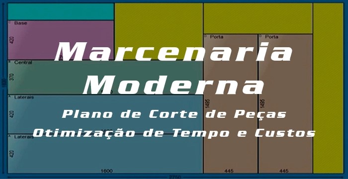 Plano de corte otimizado para marcenaria moderna em software de computador, com foco em redução de desperdício de madeira e organização de peças para móveis sob medida.