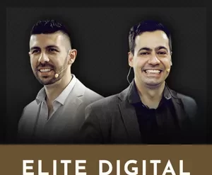 Homem sorridente segurando um tablet exibindo gráficos de vendas em alta, com o logo 'Elite Digital' ao lado.