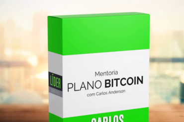 Capa do Curso Plano Bitcoin de Carlos Anderson com ícones de criptomoedas e gráficos de investimento