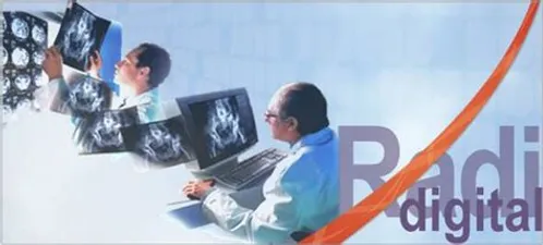 Ilustração moderna e inspiradora de médicos interagindo com tecnologia e conteúdo educacional online, representando o Radioposts.