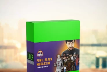 Mockup digital do curso Funil Black Mocassim de Fernando Brasão, exibindo os módulos e bônus em um laptop moderno.