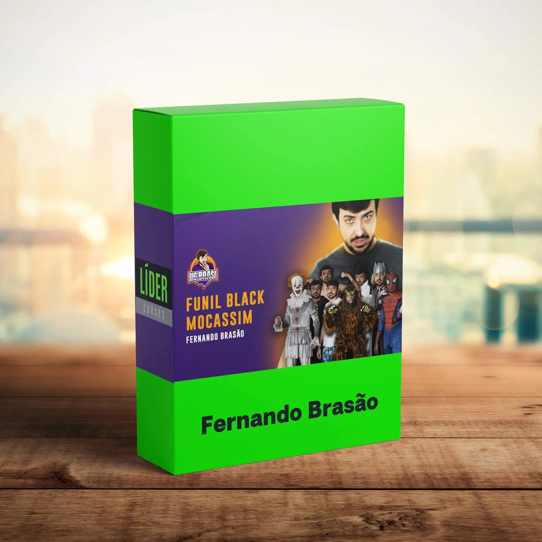 Mockup digital do curso Funil Black Mocassim de Fernando Brasão, exibindo os módulos e bônus em um laptop moderno.