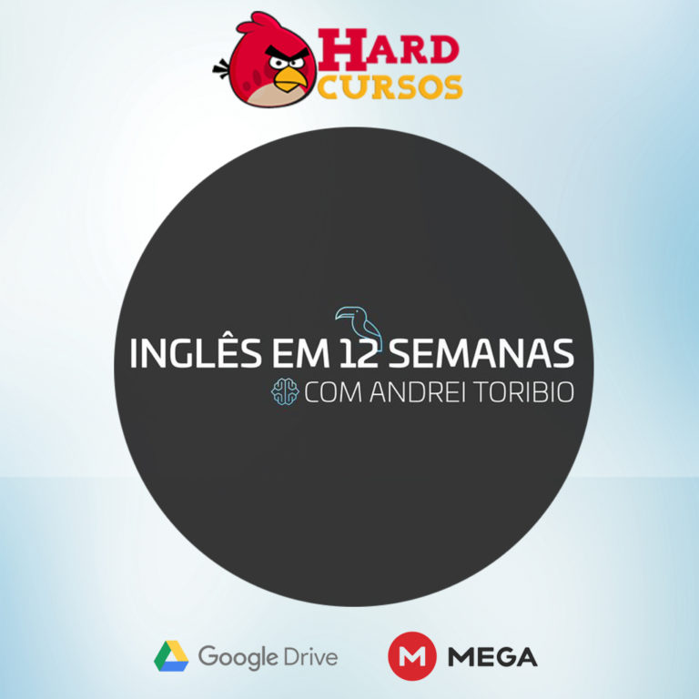 Estudante sorrindo e usando laptop com símbolo de inglês, representando o curso 'Inglês em 12 Semanas de Andrei Toribio'