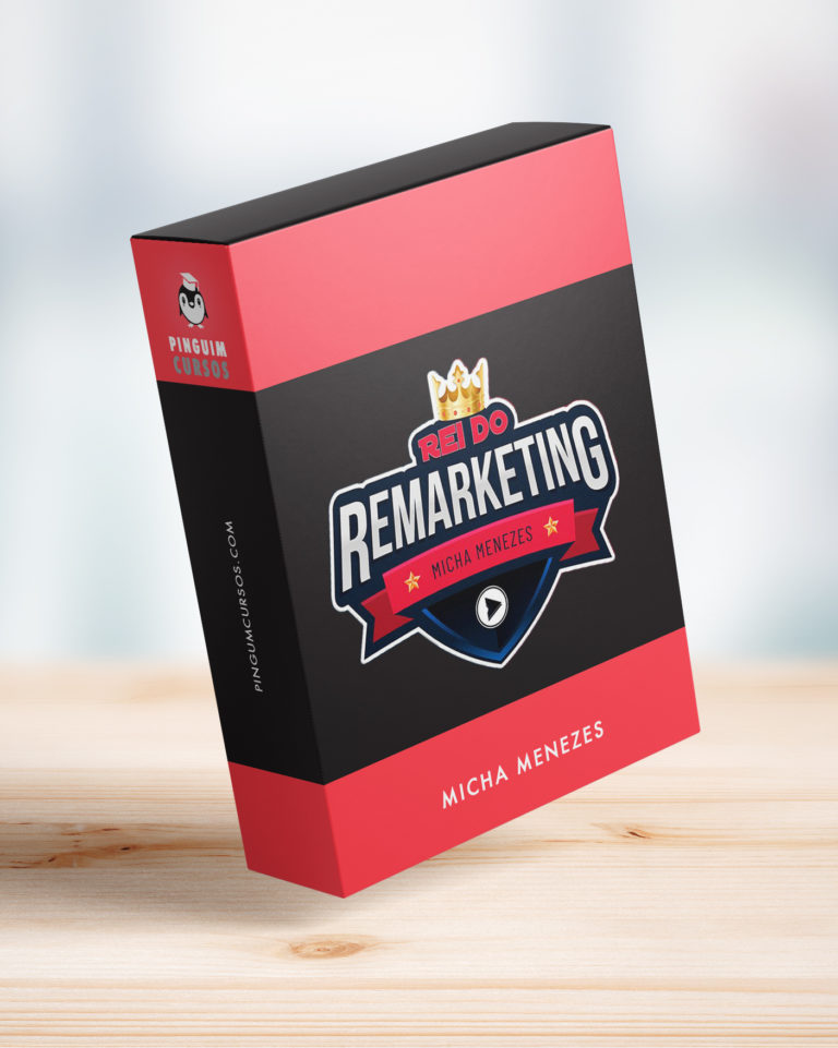 Micha Menezes, autor do curso Rei do Remarketing, em uma sala de reunião moderna, com gráficos de crescimento e símbolos de engajamento digital ao fundo.