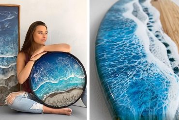 Estudante trabalhando com resina epóxi em um workshop, criando peças decorativas e joias.