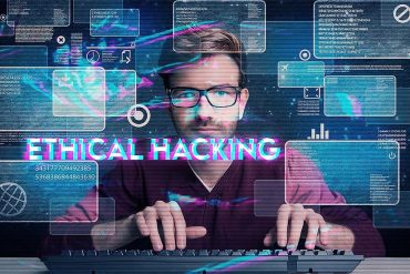 Imagem de um profissional estudando Ethical Hacking e CyberSecurity, com ícones de segurança digital e código binário ao fundo.