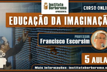 Capa do curso A Educação da Imaginação de Francisco Escorsim com elementos de criatividade e crescimento pessoal.