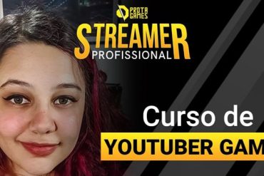 Streamer Profissional Prota Games: Interface do curso em tela de computador com equipamento de streaming ao lado.