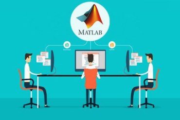 Estudante usando computador com gráficos de engenharia e código Matlab em tela