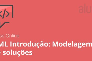 Ilustração profissional de diagramas UML sendo criados em um software de modelagem, representando um banco de dados complexo e organizado.