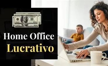 Home Office Lucrativo: Laptop moderno com gráficos de crescimento financeiro e pessoas trabalhando confortavelmente em casa.