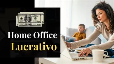 Home Office Lucrativo: Laptop moderno com gráficos de crescimento financeiro e pessoas trabalhando confortavelmente em casa.