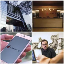 Homem sorrindo usando o celular para postar no Instagram, com gráficos de crescimento e otimização SEO ao redor.