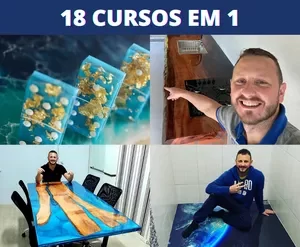 Capa do curso Escola do Epóxi JA Training com professor Alexandre, demonstrando técnicas de resina epóxi para mesas e artesanato.