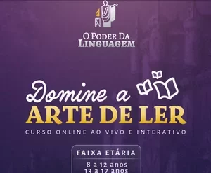 Capa do curso 'Domine a Arte de Ler - O Poder da Linguagem' em alta resolução, mostrando um livro aberto com raios de luz emanando dele.