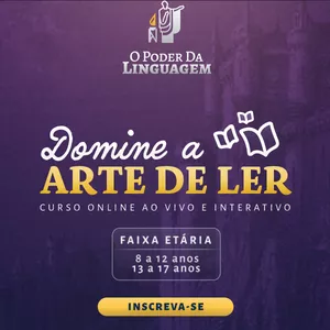 Capa do curso 'Domine a Arte de Ler - O Poder da Linguagem' em alta resolução, mostrando um livro aberto com raios de luz emanando dele.