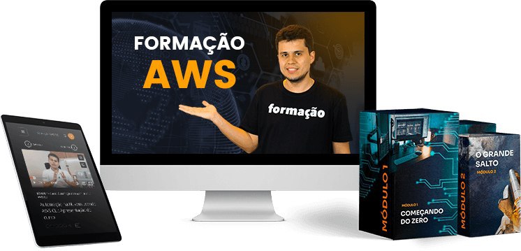 Capa do curso Formação AWS 3.0 de Henrylle Maia com ícones de nuvem e código.