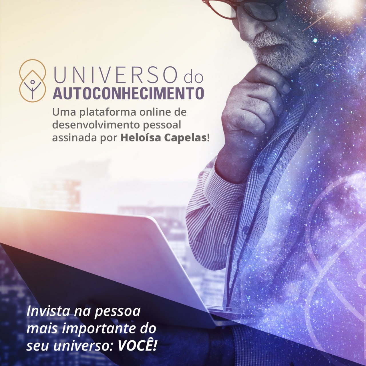 Capa do curso Universo do Autoconhecimento em alta resolução, com cores vibrantes e simbolismo de crescimento pessoal e descobertas.