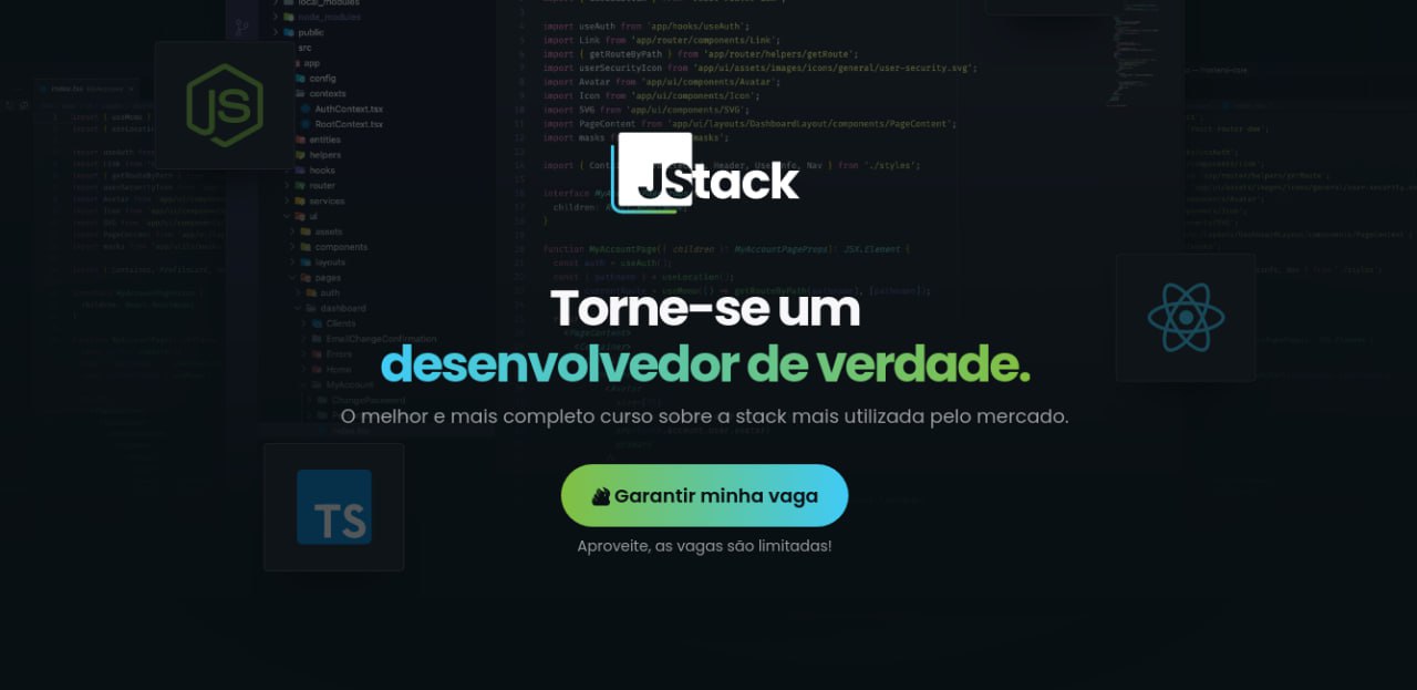 Capa do curso JStack de Mateus Luiz da Silva com ícones de NodeJS, React, React Native e TypeScript, destacando download.