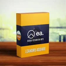 Leandro Aguiar apresentando o curso Estado da Arte de marketing digital, com ícones de tráfego pago, conversão e ROI.