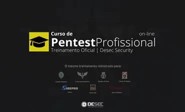 Capa do curso Pentest Profissional 2022 da Desec, com ícones de segurança e um profissional analisando um código