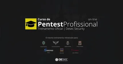 Capa do curso Pentest Profissional 2022 da Desec, com ícones de segurança e um profissional analisando um código