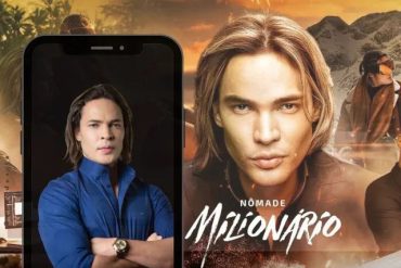 Homem de negócios trabalhando remotamente em um laptop com gráficos de crescimento financeiro flutuando ao redor, representando o conceito de Nomade Milionario.