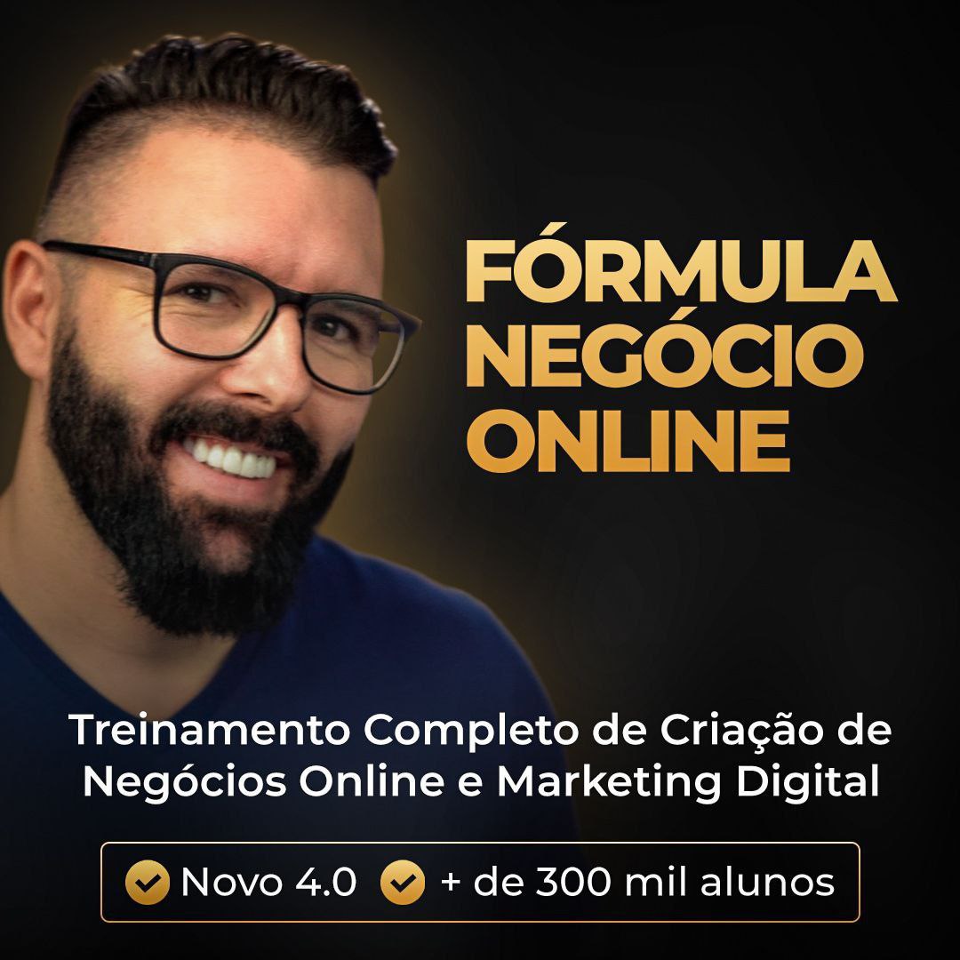 Capa do curso Fórmula Negócio Online 2023 de Alex Vargas com ícones de negócios digitais e crescimento