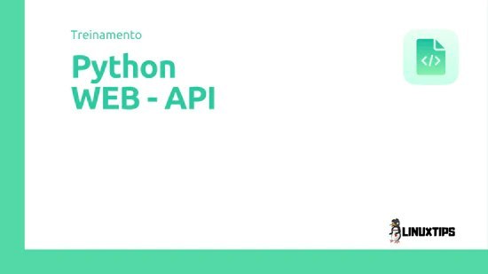 Capa do curso Python Web API Linuxtips com código em destaque e logo da Linuxtips