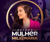 Mulher confiante e bem-sucedida trabalhando em seu laptop, com gráficos de crescimento financeiro ao fundo, representando o Método Mulher Milionária.